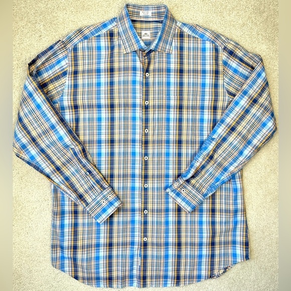 Peter Millar Other - Peter Millar Men’s Shirt Blue Brown Plaid Cotton Button Up Long Sleeves Size XL